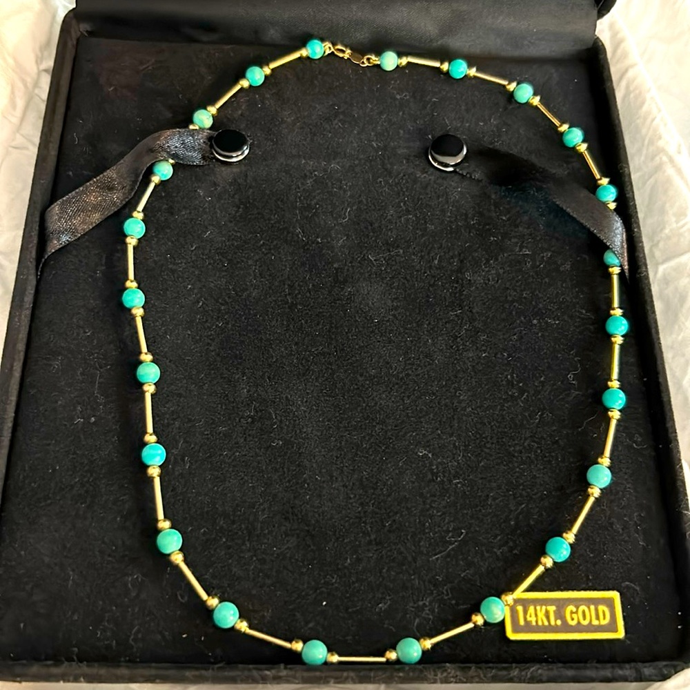 14KT Gold Turquoise Bead Necklace - Elegant Women’s Necklace